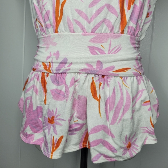 SALE Anthropologie Postmark Tropical Pink White Floral Peplum Cap Sleeve Top XS - Picture 5 of 12